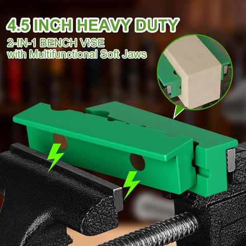 Shop Beast 4.5 Inch Bench Vise With Zero Drill Clamping Base for Workbenches, showcasing green soft jaws and sturdy cast iron.