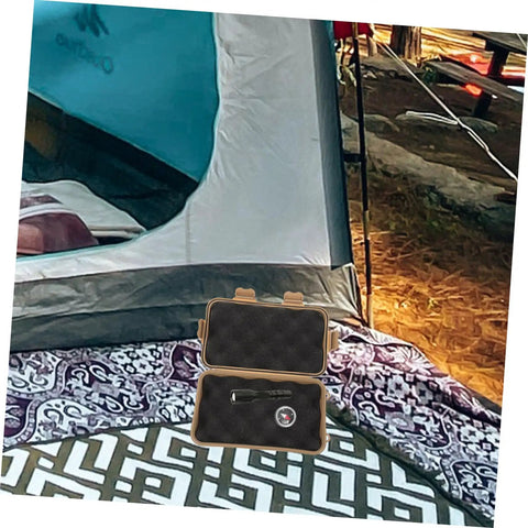 Rugged Outdoor Survival Storage Box Shockproof Case for camping and field use, shown open with gear beside a tent on patterned fabric.