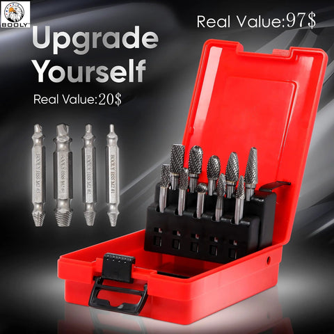 Die grinder burr set in red case; ten tungsten carbide burrs with 1/4 in shank, includes 4pc screw extractor set