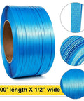 Heavy Duty Blue Polypropylene Strapping Roll 1/2 By 3300 Feet Hella Tough Industrial Pallet Banding Strap No Sweat Weather Proof Packaging Bundle Wrapping, showing edges and length details.