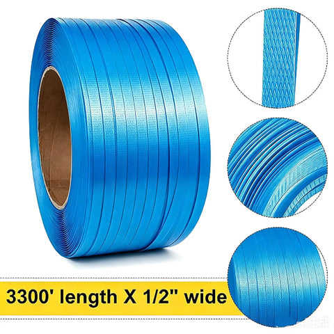 Heavy Duty Blue Polypropylene Strapping Roll 1/2 By 3300 Feet Hella Tough Industrial Pallet Banding Strap No Sweat Weather Proof Packaging Bundle Wrapping, showing edges and length details.