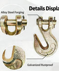 Two Pack Three Eighths Inch Chain Hooks Grade 70 Heavy Duty Clevis Grab Hooks For Trucking Towing And Industrial Chains 26,000 Pound Load Capacity Yellow Zinc Finish details display.