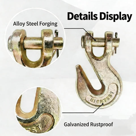 Two Pack Three Eighths Inch Chain Hooks Grade 70 Heavy Duty Clevis Grab Hooks For Trucking Towing And Industrial Chains 26,000 Pound Load Capacity Yellow Zinc Finish details display.