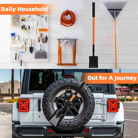 Heavy Duty Garden Shovel With Metal Handle 43.3 Inch Square Shovel mounted on Jeep for outdoor trips.