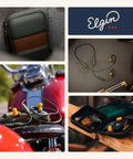 Collage showing Rumble Bluetooth Earplug Earbuds with 27 dB Noise Reduction, waterproof case, and earbuds in motorcycle setting.