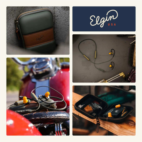 Collage showing Rumble Bluetooth Earplug Earbuds with 27 dB Noise Reduction, waterproof case, and earbuds in motorcycle setting.