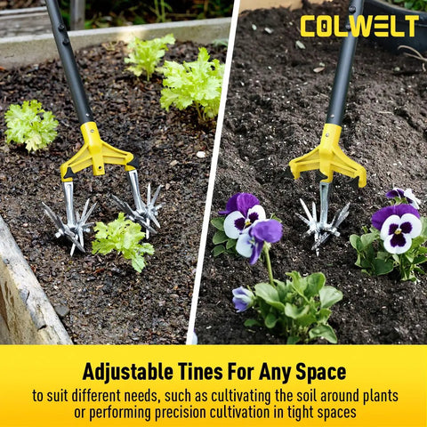 Rotary Cultivator Garden Tool For Loosening Compacted Soil 61 Inch With Detachable Aluminum Tines in garden bed use