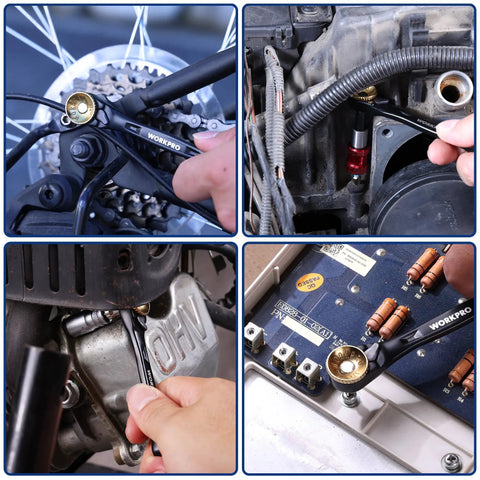 Slick 1/4 Inch Mini Ratchet Wrench Set With Magnetic Hex Bit Holder And Double Head Design used in various auto repair applications.