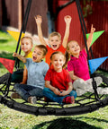 Children having fun on Spider Web Tree Swing For Kids And Adults, Outdoor Saucer Net Round Swing With Steel Frame And Turnbuckle, 43 Inch Platform