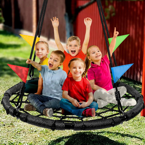 Children having fun on Spider Web Tree Swing For Kids And Adults, Outdoor Saucer Net Round Swing With Steel Frame And Turnbuckle, 43 Inch Platform