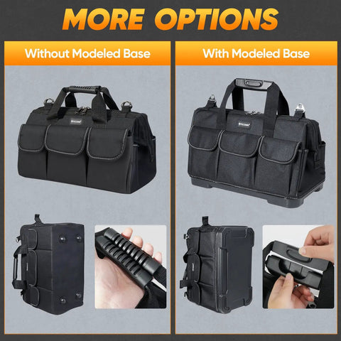 Comparison of Heavy Duty Tool Bag With Multiple Pockets, Wide Mouth Opening, 16 Inch Base, and Reinforced 600D Oxford Construction.