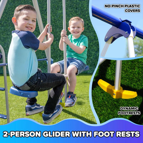 Heavy Duty Outdoor Metal Swing Set With A 5 Foot Slide Teeter Totter For Two Two Person Swing Standing Swing Roman Glider Swing Trapeze Bar And Glide Ride Backyard Playground For Up To Ten Kids Kid Approved Backyard Fun featuring children on a 2-person glider with footrests.