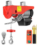 Electric Hoist Winch 110V 440 Lb Capacity With Wireless Remote Control Up To 98 Ft Emergency Stop Button Safe Lifting Easy Install Beefy Heavy Duty Garage Workshop Lifter For Heavy Equipment, red steel hoist with remote, hooks, and straps