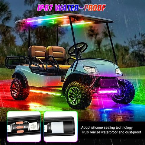 6 Piece Underbody LED Light Kit For Golf Carts With Canopy Lights Dream Color Neon Accent Lights illuminating a golf cart.