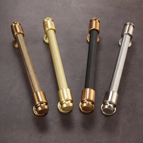 Various metallic cabinet handles with knurled grips, showcasing finish options for 10 Pack 5 Inch 128mm Knurled Brushed Satin Nickel Kitchen Cabinet Handles.