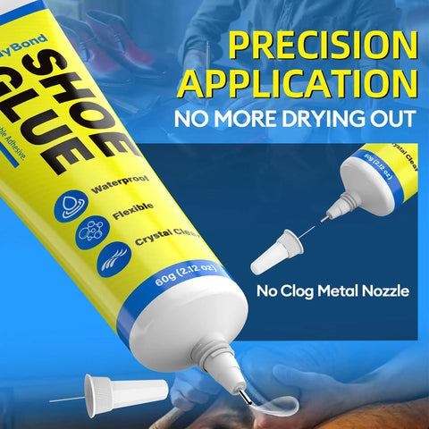 Ultra Strong Waterproof Shoe Repair Glue Clear Adhesive For Soles And Uppers, 60g tube with precision nozzle, packaging view