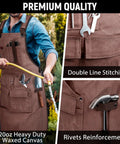 Mens Heavy Duty Canvas Shop Apron With Nine Deep Tool Pockets Water And Oil Resistant Pro Workhorse Gear Built Like A Tank For Woodworking And All Day Shop Tasks worn by man, featuring 20oz waxed canvas.