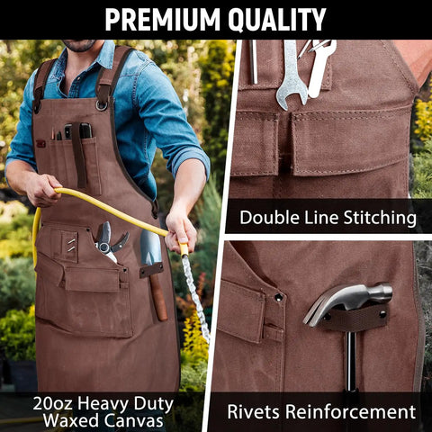 Mens Heavy Duty Canvas Shop Apron With Nine Deep Tool Pockets Water And Oil Resistant Pro Workhorse Gear Built Like A Tank For Woodworking And All Day Shop Tasks worn by man, featuring 20oz waxed canvas.