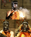Auto Dark Welding Helmet With True Color View And 4 Arc Sensors, Lightweight Hemispherical 4C Lens worn during welding work.