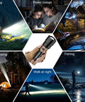Ultra Bright 3000 Lumen LED Flashlight With Ignition Lens Fire Starter shown with hiking, power outage, repair, and camping uses