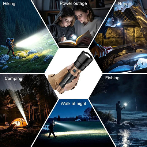Ultra Bright 3000 Lumen LED Flashlight With Ignition Lens Fire Starter shown with hiking, power outage, repair, and camping uses