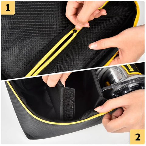 Top Reliable Canvas Tool Stash Designed For Dewalt 20V Max Xr Cordless Router DCW600B And Makita XTR01Z showing zipper and interior compartment.