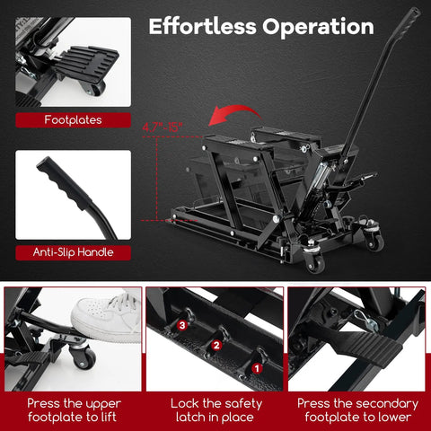 Beefed Up 1500 Lbs Hydraulic Motorcycle Lift for Dirt Bikes ATVs and UTVs with footplates, long handle, four wheels