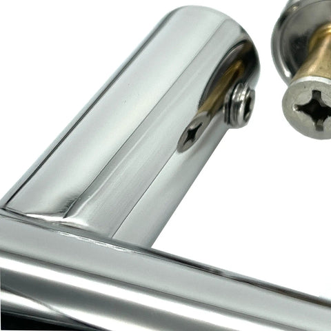 Close-up of Slick Chrome 6 Inch And 8 Inch Ladder Style Pull Handles Three Quarter Inch Diameter Durable Cabinet And Drawer Hardware