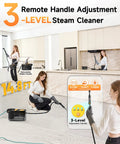 Heavy Duty Handheld Steam Cleaner Getting Every Stain Out With 3 Level Adjustable Handle And 18 Piece Accessory Kit For Zero Drama Deep Cleaning On Floors Matte Black in a modern kitchen setup.