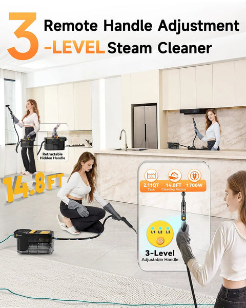 Heavy Duty Handheld Steam Cleaner Getting Every Stain Out With 3 Level Adjustable Handle And 18 Piece Accessory Kit For Zero Drama Deep Cleaning On Floors Matte Black in a modern kitchen setup.