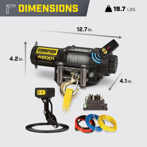 Beast 4500-Lb ATV UTV Wireless Winch Kit dimensions and components displayed with 50-foot remote and cable.