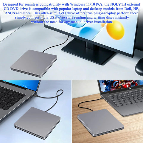 USB C External SuperDrive For Mac Slot In DVD RW Drive Aluminum Space Grey Compatible With Apple MacBooks Desktops Ultra Slim Aluminum Casing With Fingerprint Resistant Finish And Easy Plug And Play USB C Connection, slim USB-C DVD drive on laptop