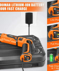 8V Cordless Screwdriver Kit With 82 Piece Accessory Set, 10Nm Max Torque, 1 Hour Fast Charge showing battery level indicators