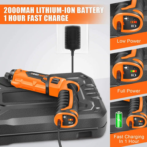 8V Cordless Screwdriver Kit With 82 Piece Accessory Set, 10Nm Max Torque, 1 Hour Fast Charge showing battery level indicators