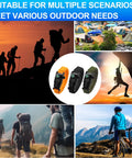 Collage of outdoor activities featuring the 3 Pack Survival Bracelet Set with compass, whistle, and fire starter.