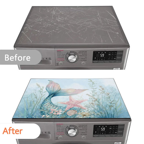 Before and after of Starfish Coral Mermaid Theme Washing Machine Top Cover And Dryer Pad on appliance surface