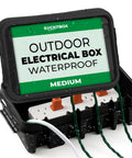 Dope Weatherproof Indoor Outdoor Power Cord Enclosure For Timers Cords Transformers Power Strips Lights And Tools IP55 Waterproof Box Black Medium Size showing open box with electrical connections