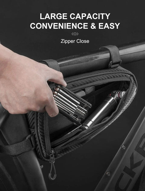 Close-up of large capacity Durable Bike Triangle Bag Frame Pouch For MTB And Road Bikes with tools inside, mounted on bike frame.