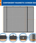 Magnetic Garage Door Screen 16x7 Ft for two cars showing fiberglass mesh, magnetic panels, reinforced top eyelets, and windproof fastener.