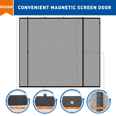 Magnetic Garage Door Screen 16x7 Ft for two cars showing fiberglass mesh, magnetic panels, reinforced top eyelets, and windproof fastener.