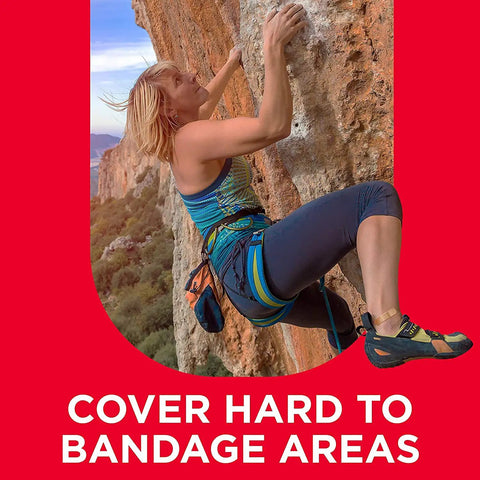 Straight Up Game Changing Assorted Adhesive Bandages For Gentle Wound Care With Breathable Nonstick Pads, climber using bandages outdoors.