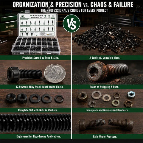 1260 Piece M4 Screws Kit With Hex Socket Button Head And Cap Head Bolts 6 To 40mm 12 9 Grade Carbon Steel Black Oxide Metric Fasteners Packed With Nuts Flat Washers Lock Washers And Two Hex Wrenches organized in labeled case