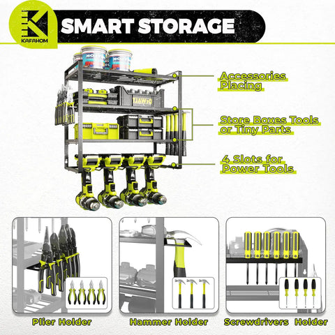 Four Tier Heavy Duty Power Tool Organizer With Wall Mount Drill Holder And Storage Rack For Cordless Drills Screwdriver Pliers And Hammer Holders Garage Shop Tool Shelf For Maximum Organization