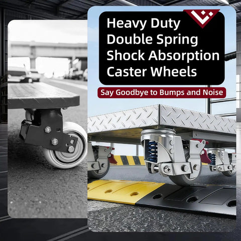 3 Inch Heavy Duty Dual Spring Shock Absorption Caster Wheels Set Of 4, showing smooth gliding on floor with shock-absorbing features.