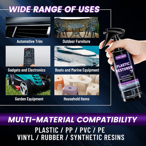 Image of Car Plastic Restorer With Ceramic Coating For Black Trim Quick Revival For Faded Rubber And Vinyl Buff To Shine Restores Flexibility And UV Protection Long Lasting Gloss Easy Apply 5oz 150ml showing wide range of compatible uses including automotive trim, outdoor furniture, gadgets, boats, garden and household items.