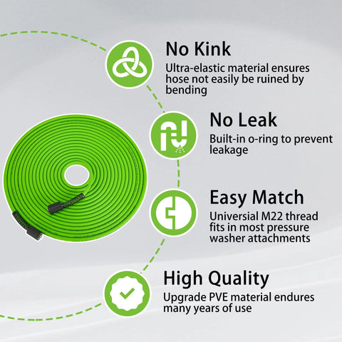 Pressure washer hose, coiled green 50 ft, 1/4 in ID, kink-resistant with M22 fittings