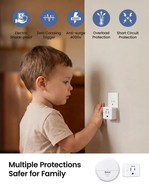 Child interacting with Wireless Motion Sensor Outlet with Detachable Sensor and Plug, showcasing safety features.