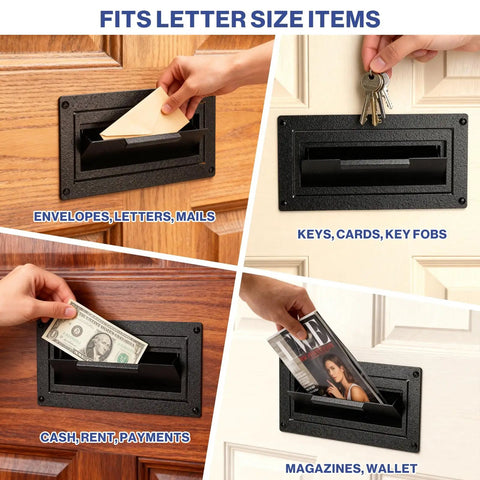 Through The Door Locking Mail Drop Box For Mail And Keys Heavy Duty Steel Lockbox on wooden door, fits letter size items