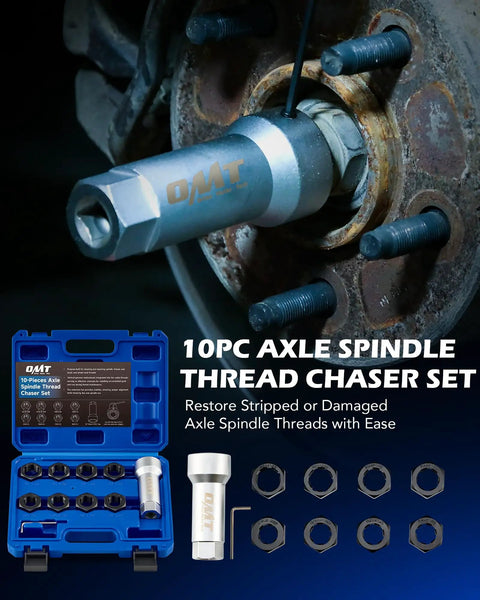 Axle Spindle Thread Repair Kit With Eight Dies And One And One Sixteenth Inch Extension Bar for Rethreading Damaged Axle Threads installed.