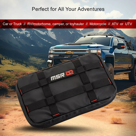 Off Road Motorcycle And Powersports Tool Pack with Magnetic Strip and Zipper Pocket in front of a truck and mountain scene.